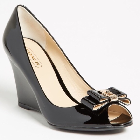 Coach Shoes - Coach -Emma Patent Black Peep Toe Bow Wedge 8